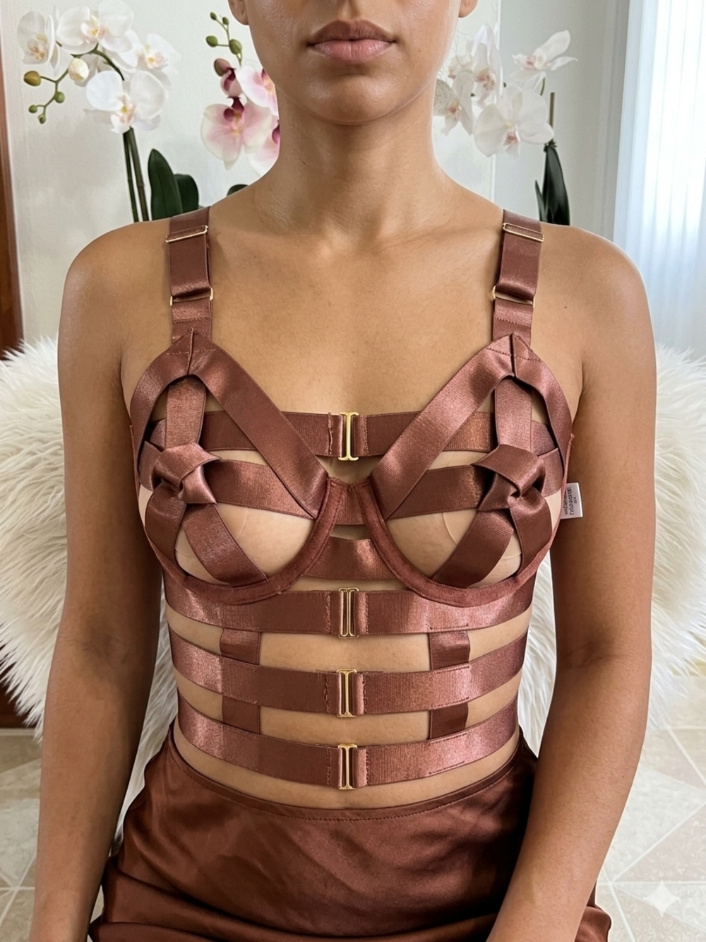 Satin Strappy Cage Bra Top in Bronze